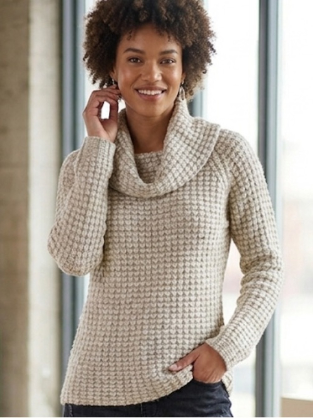 BB Dakota Cream Waffle-Knit Cowl Neck Sweater
